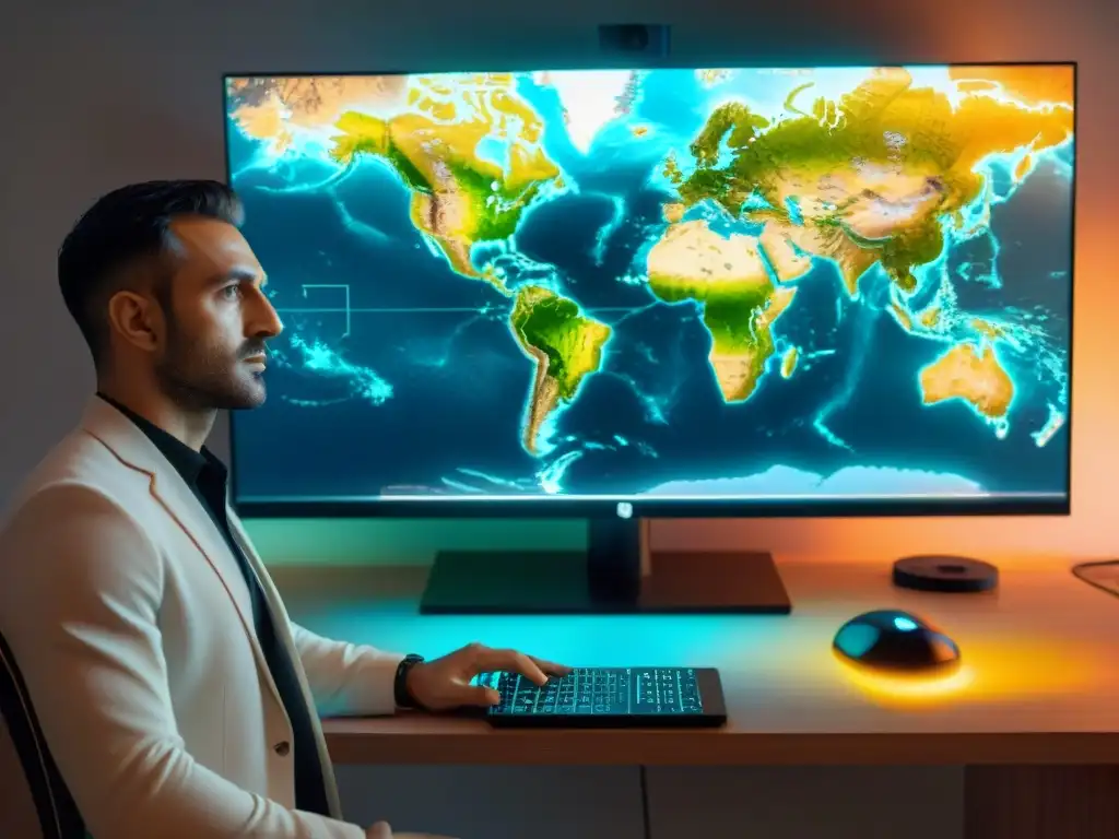 Herramientas software cartografía videojuegos: Cartógrafo digital inmerso en mundo virtual futurista y vintage en pantalla de alta tecnología