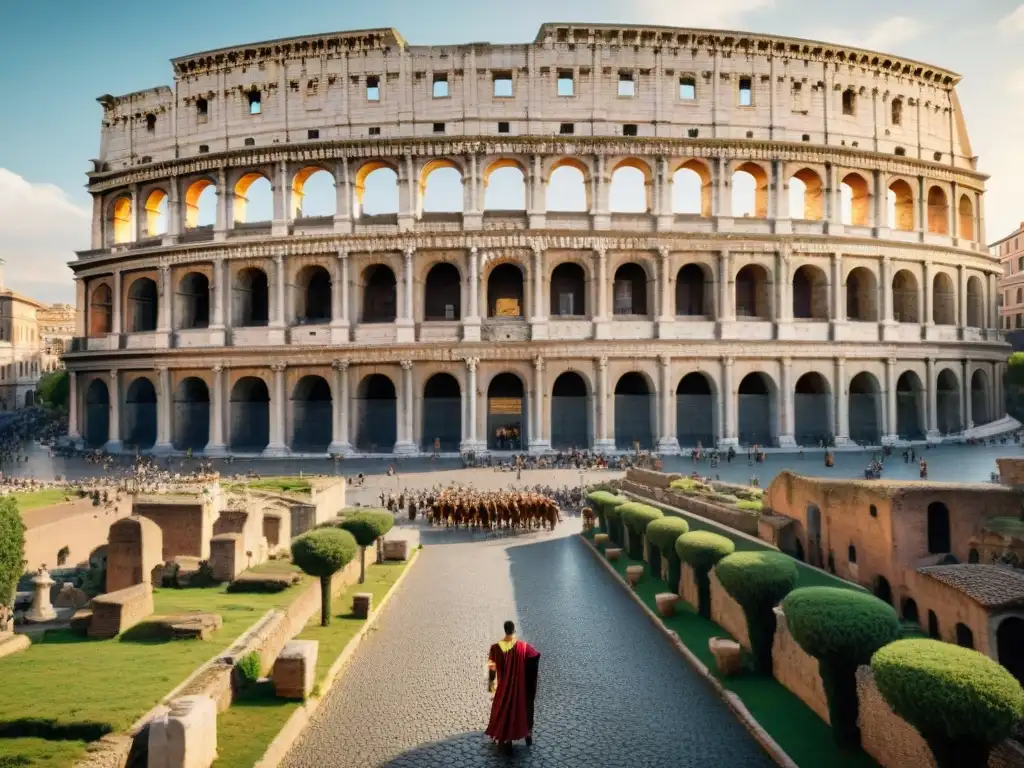 Una ilustración detallada en sepia de la antigua ciudad de Roma con el Coliseo, Panteón y Foro Romano