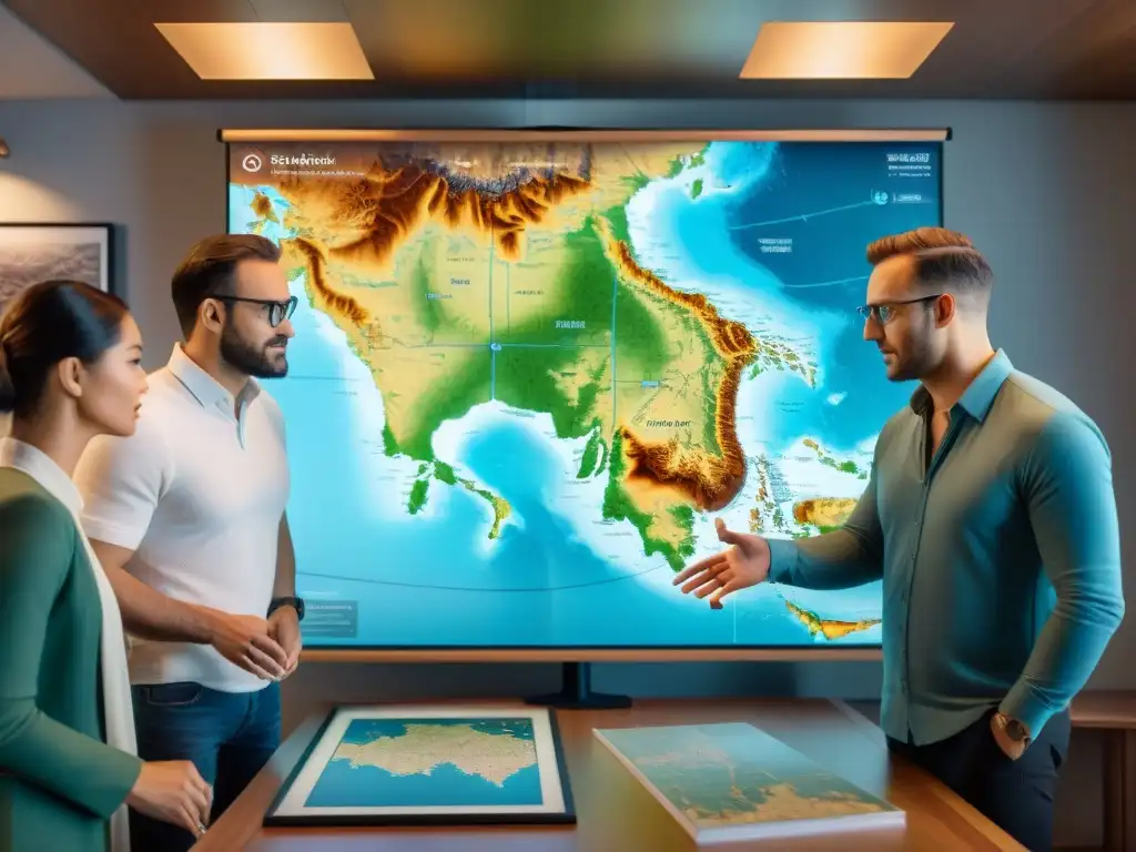 Una imagen en sepia de cartógrafos en una mesa digital, discutiendo sobre un mapa interactivo