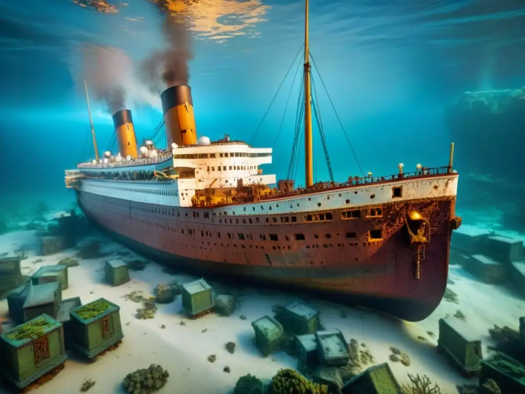 Una imagen sepia detallada del Titanic en el fondo marino, mostrando su belleza y la cartografía submarina en el descubrimiento del sitio histórico