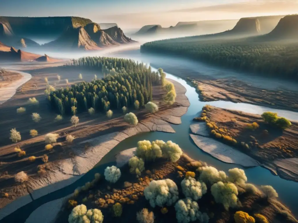 Impactante paisaje deforestado y árido, bajo un sol abrasador, reflejando el impacto del cambio climático en la planificación empresarial