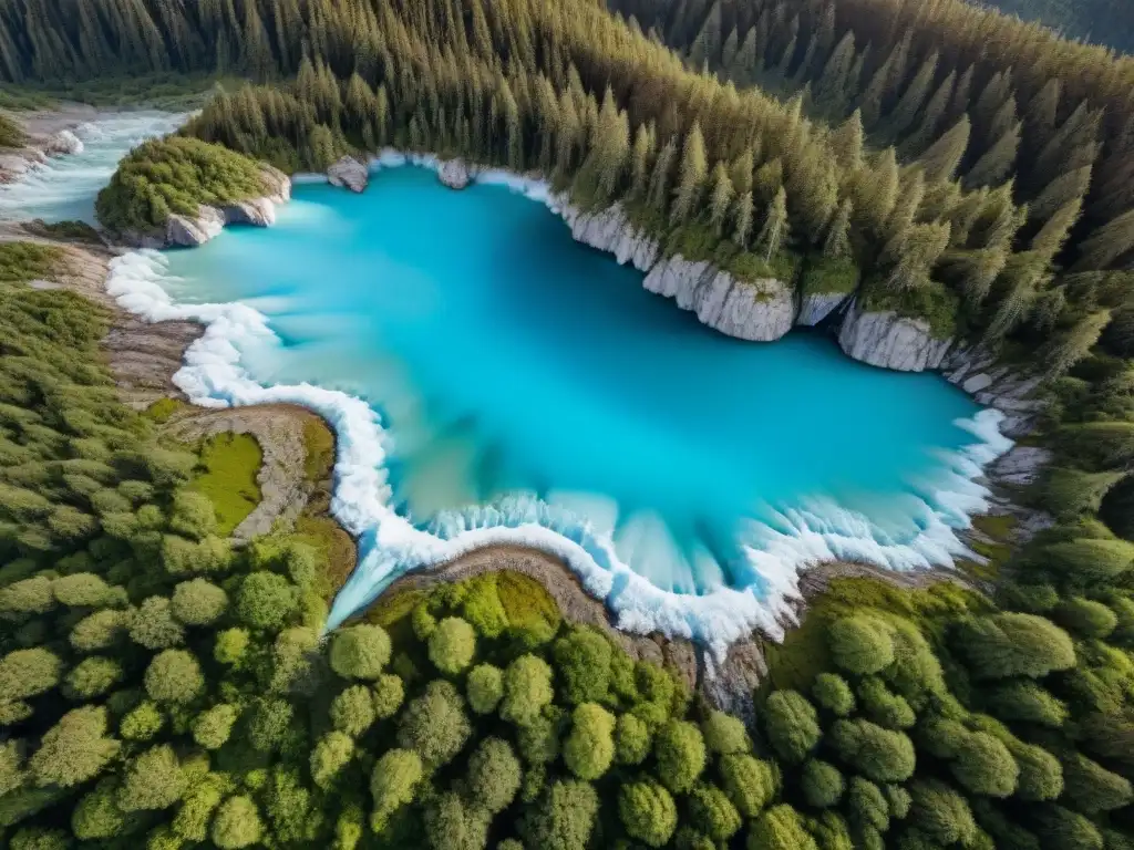 Un impactante paisaje de un glaciar derritiéndose rodeado de un bosque exuberante, bajo un cielo azul brillante