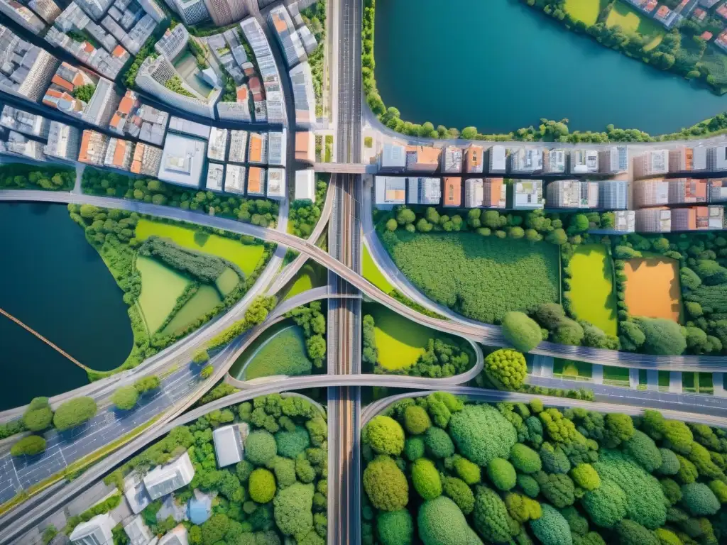 Impacto de la tecnología y cartografía en la planificación urbanística: vista aérea detallada de la ciudad con elementos digitales