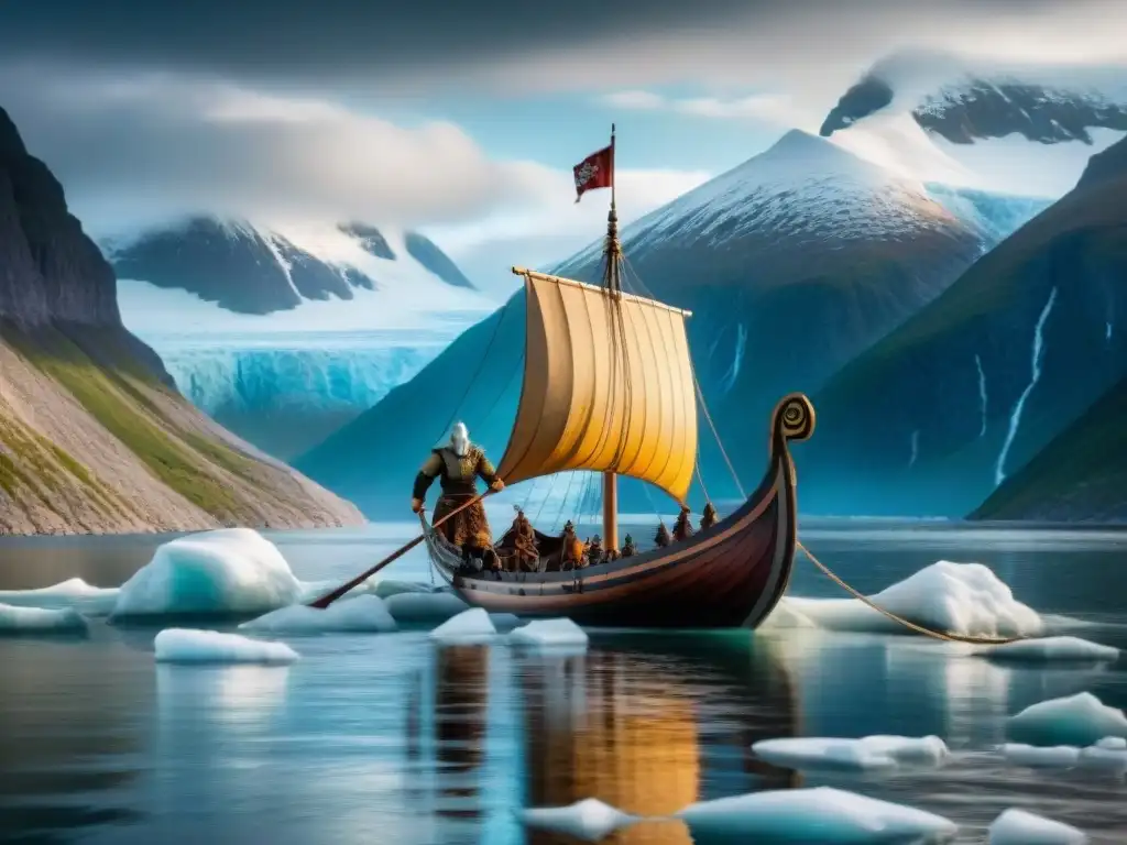 Vikingos: Navegando entre icebergs y montañas nevadas Imponente nave vikinga surca gélidas aguas árticas, destacando técnicas cartográficas vikingas navegación norte