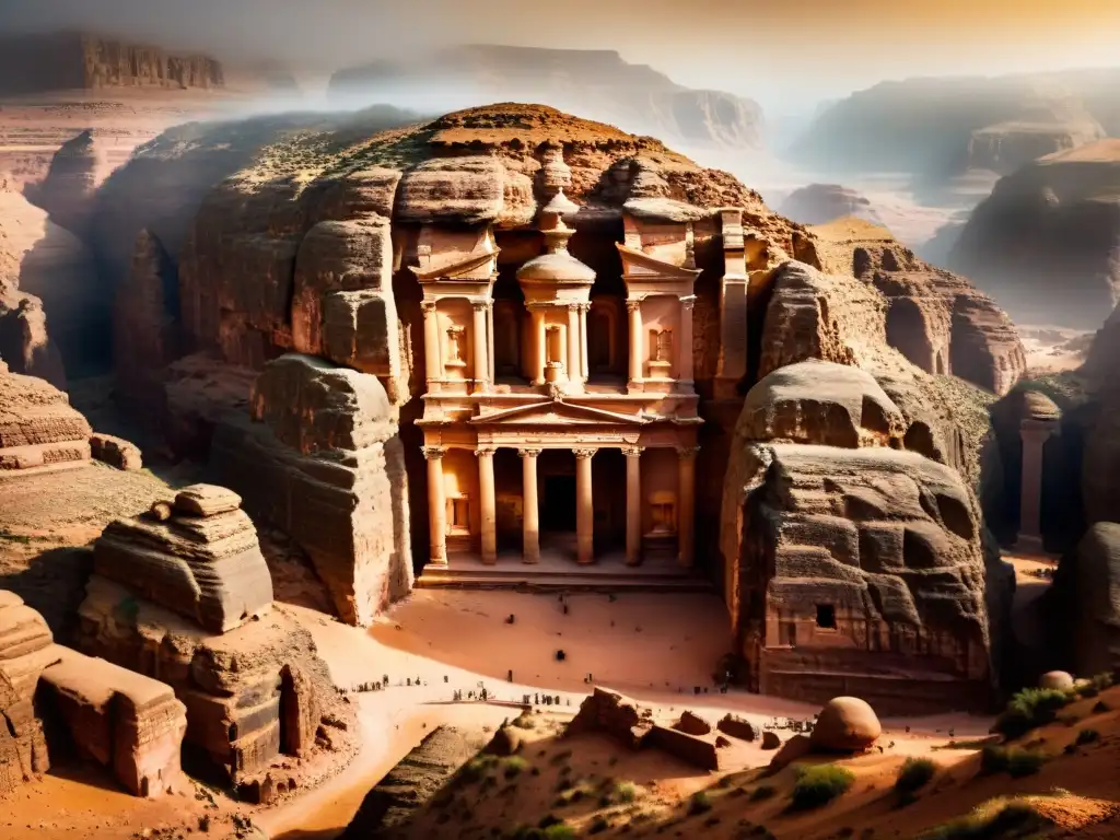 Imponente vista aérea sepia de la antigua ciudad de Petra en roca, con intrincada arquitectura y estrechos pasajes