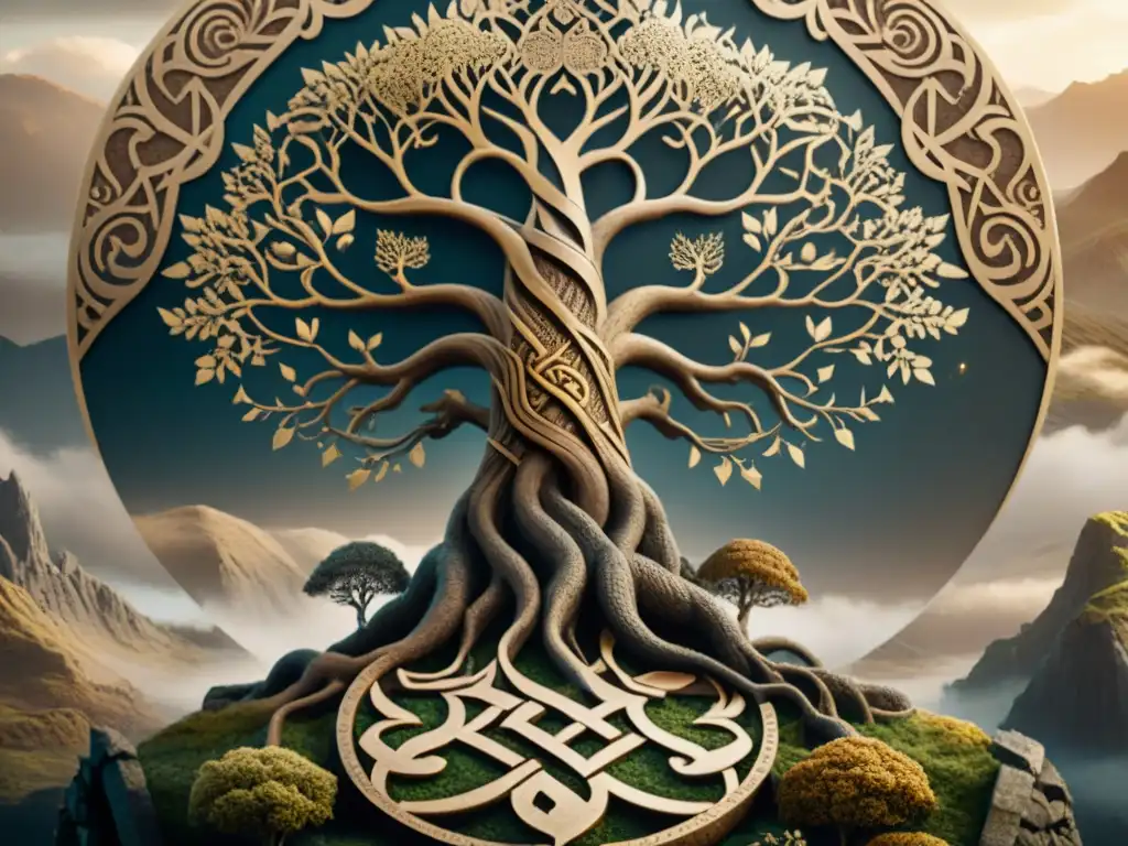 Imponente Yggdrasil, el Árbol del Mundo, con raíces en la tierra y ramas al cielo