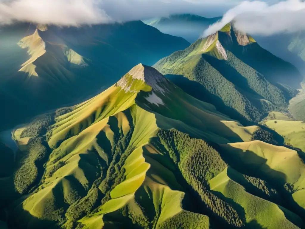 Importancia de la fotografía aérea en mapas topográficos: vista aérea sepia de majestuosa cordillera con sombras dramáticas y nubes sutiles