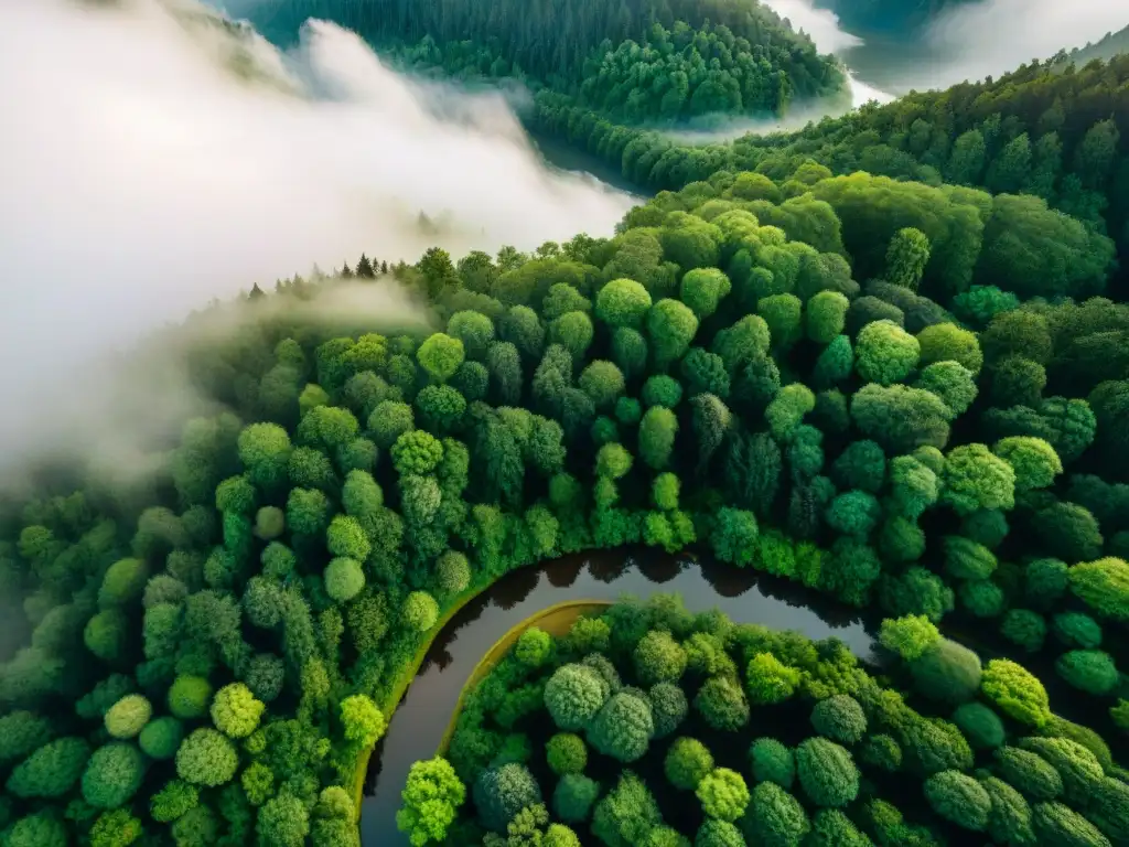 Importancia de la fotografía aérea en mapas topográficos: vista aérea sepia de un bosque exuberante fusionándose con un río serpenteante bajo la cálida luz del sol