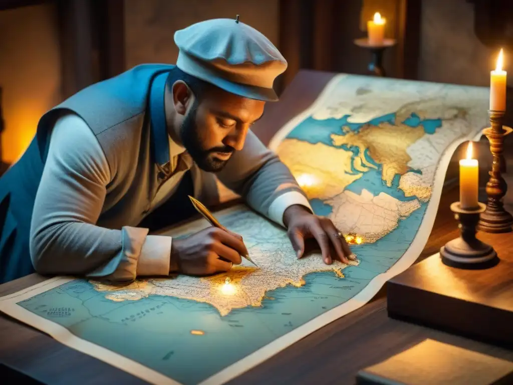 La importancia de la cartografía histórica cobra vida en la imagen de un cartógrafo detallando un mapa a la luz de una vela en una habitación tenue