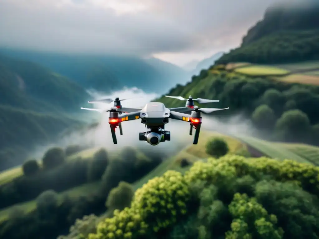 Un impresionante disparo aéreo en sepia de un dron volando sobre un paisaje detallado, demostrando técnicas de mapeo aéreo con drones
