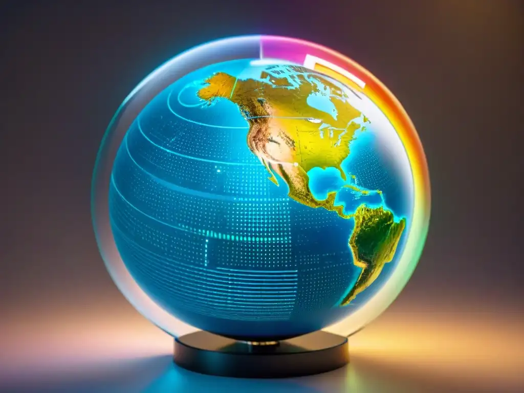 Mapa de riesgos futurista: globo holográfico rodeado de datos digitales Un impresionante globo holográfico rodeado de datos digitales, gráficos y mapas, simbolizando la innovación en software de cartografía de riesgos