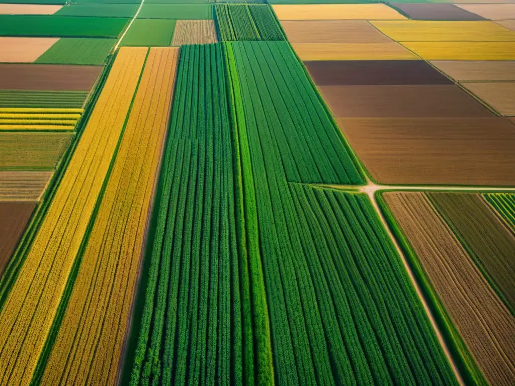 Geometría agrícola: precisión y belleza en sepia Una impresionante imagen aérea en sepia de un vasto paisaje agrícola con cultivos alineados, destacando la Agricultura de Precisión con GNSS
