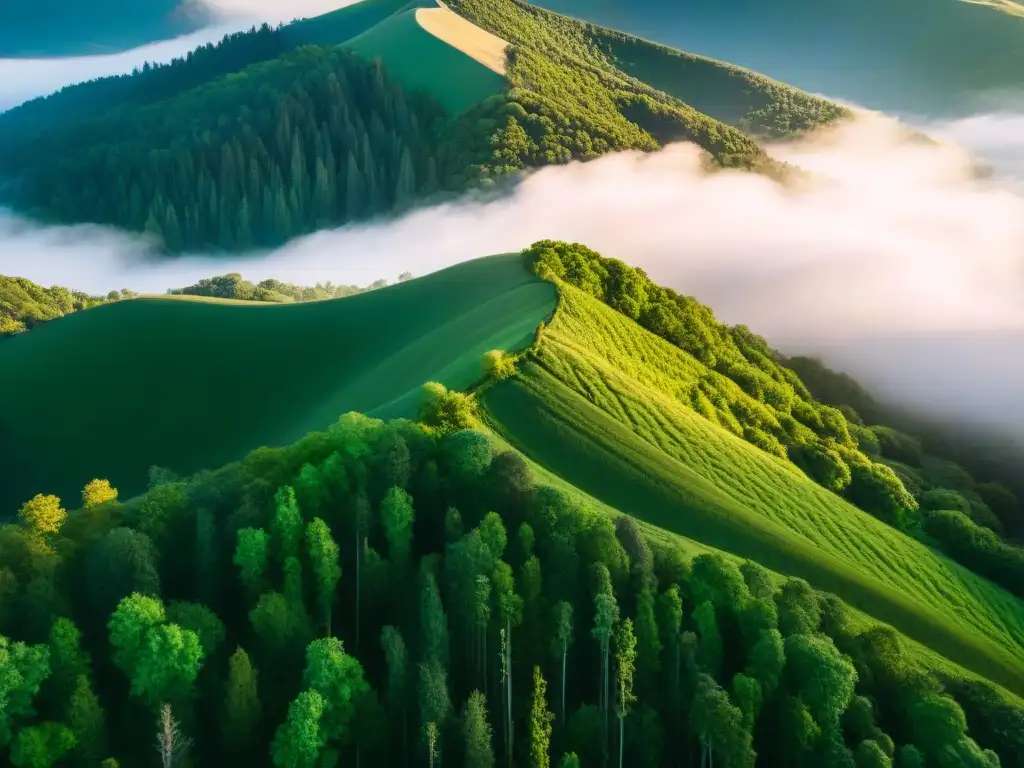 Un impresionante mapeo aéreo con drones de un paisaje diverso de colinas, ríos y bosques en sepia, resaltando luces y sombras