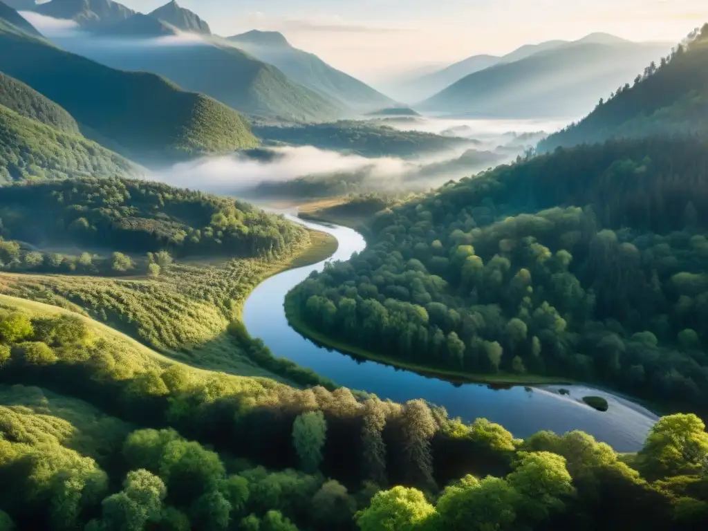 Impresionante paisaje con colinas, bosques, río y montañas en sepia