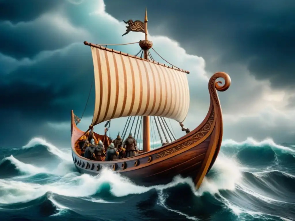 Impresionante ilustración sepia de un drakkar vikingo surcando mares tormentosos