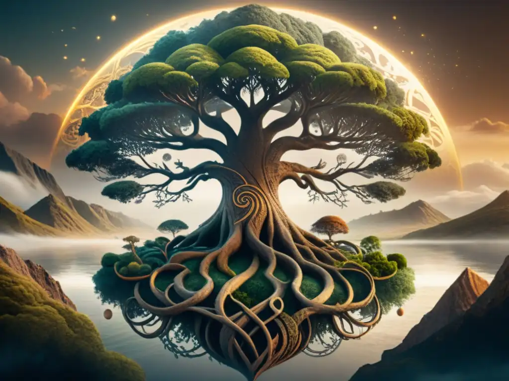 Ilustración sepia impresionante de Yggdrasil, el Árbol del Mundo, con raíces profundas y ramas enlazando distintos mundos