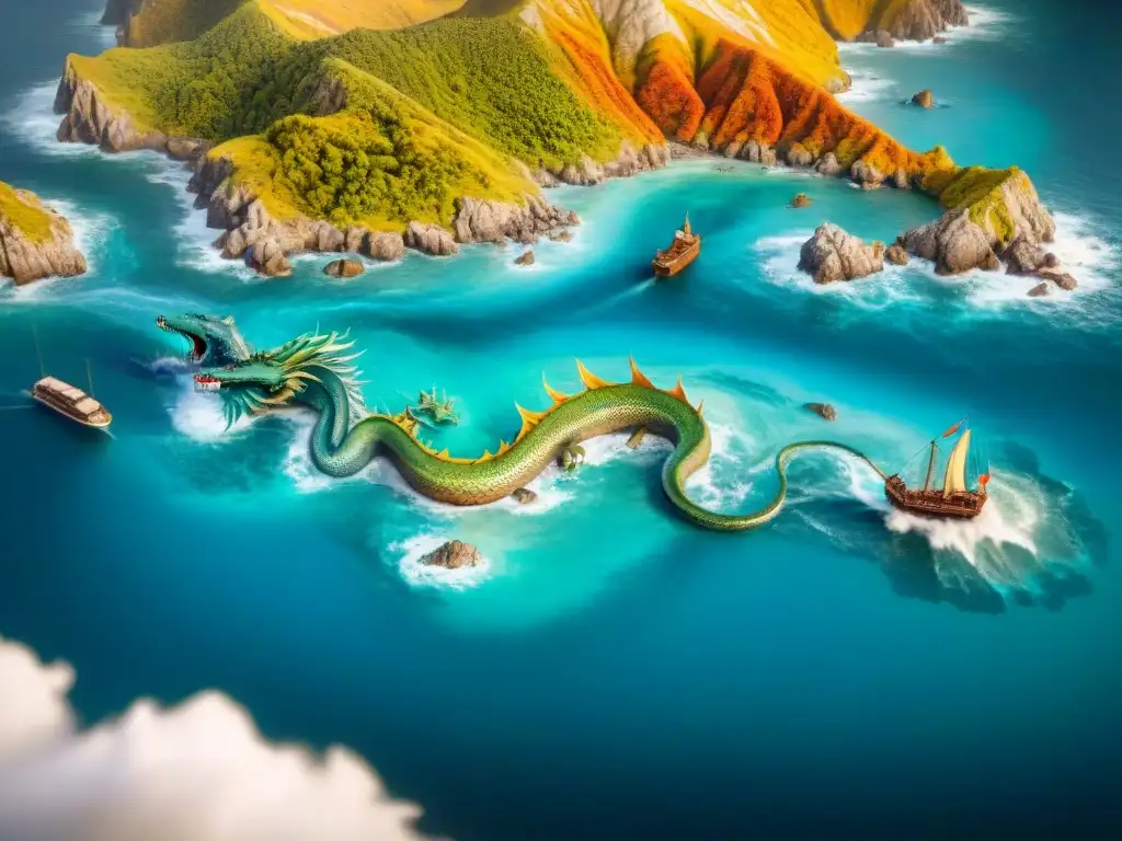 Mapa vintage con dragones marinos y monstruos: detalles en sepia Increíble mapa antiguo con criaturas marinas y dragones en aguas tormentosas