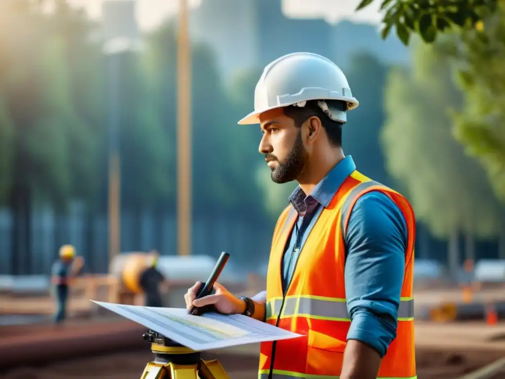 Un ingeniero civil usa equipo topográfico avanzado para mapear detalles en un sitio de construcción