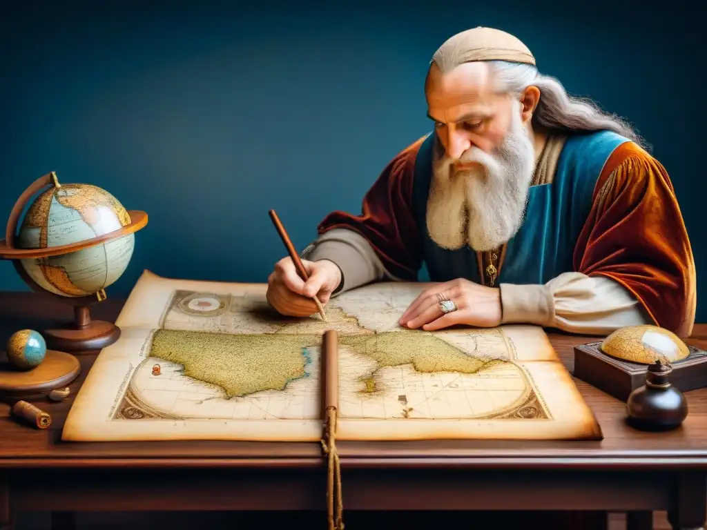 Leonardo da Vinci inmerso en la cartografía renacentista, rodeado de herramientas y mapas en su estudio iluminado con tenue luz sepia