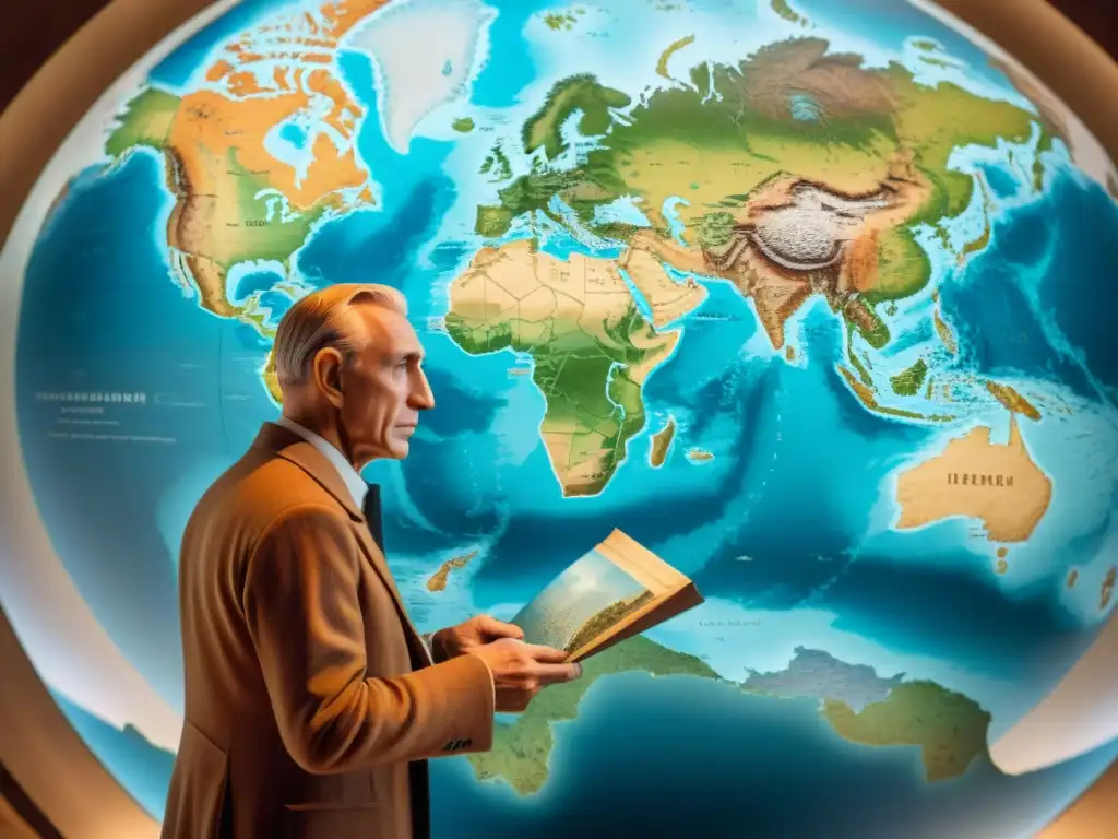 Alfred Wegener inmerso en su teoría de la deriva continental, rodeado de mapas y fósiles, con un fondo de la deriva de Pangaea