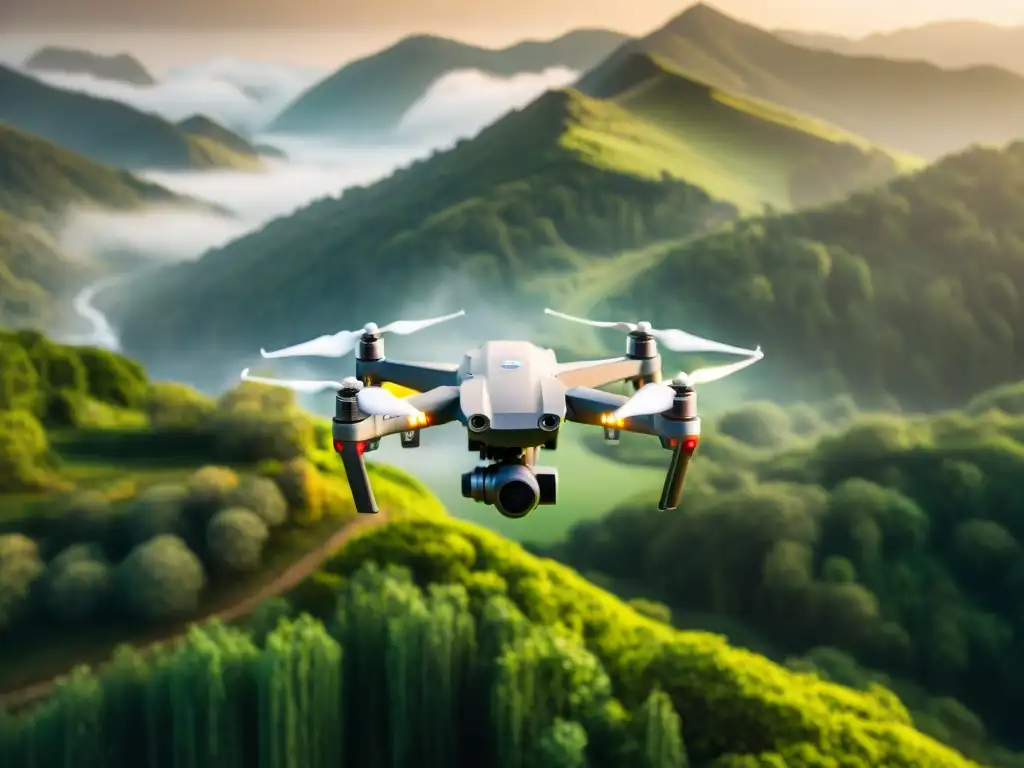 Innovaciones drones cartografía evolución: Drone moderno sobrevuela paisaje verde detallado, fusionando tecnología y naturaleza