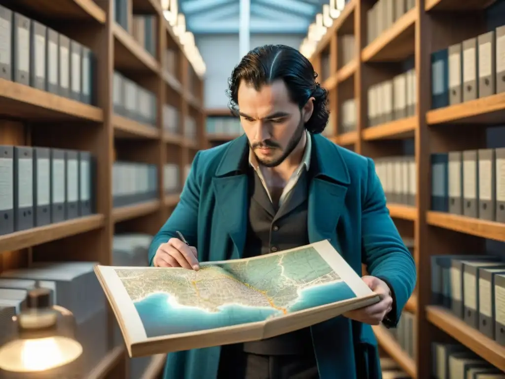 John Snow examina con intensidad un mapa de Londres durante la epidemia, en una habitación llena de libros y herramientas médicas