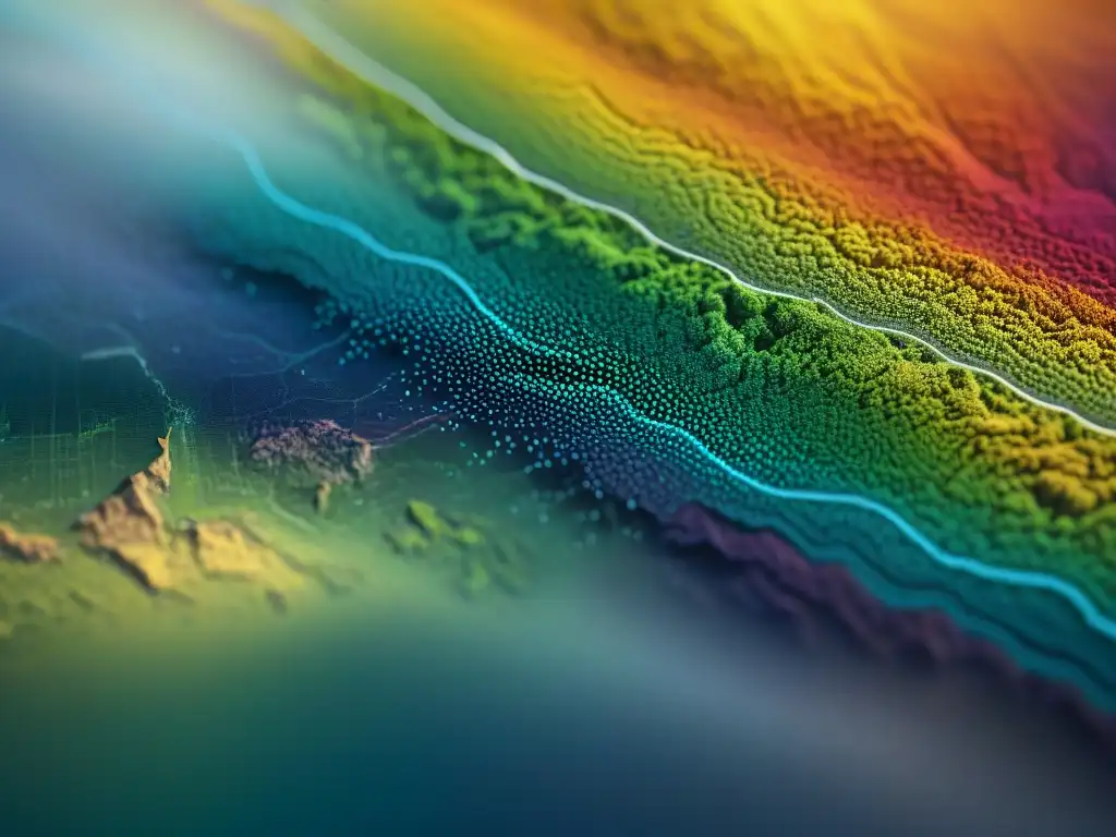 Una interfaz de software cartográfico sofisticado para conjuntos de datos grandes, con mapas topográficos vibrantes y diagramas de red detallados