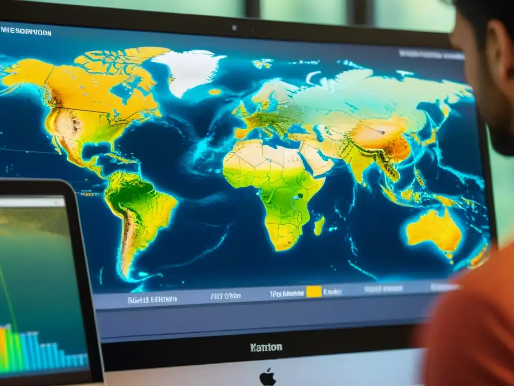 Interfaz de software mostrando visualizaciones detalladas del cambio climático en gráficos y mapas coloridos sobre un mapa sepia del mundo