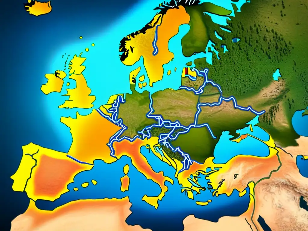 Intrincada cartografía ferroviaria en Europa en sepia con detalle vintage