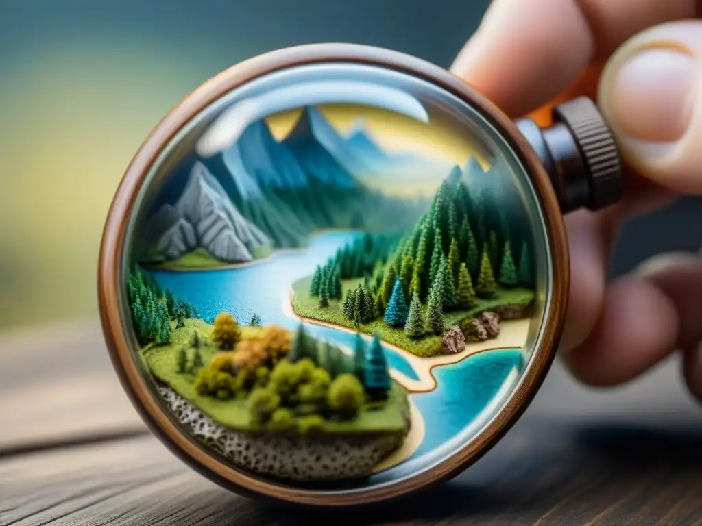 Intrincada miniatura cartográfica sepia en botella de vidrio con montañas, bosques y ríos detallados y lupa destacando artesanía