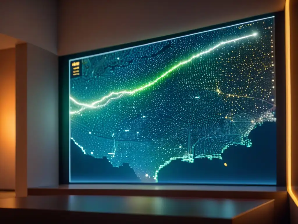 Intrincada red de datos y conexiones en mapa digital proyectado en pantalla translúcida en penumbra