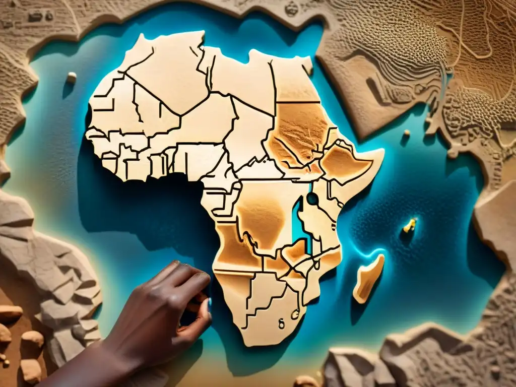 Intrincado mapa africano esculpido en piedra, resaltando la importancia de la cartografía en la educación de África