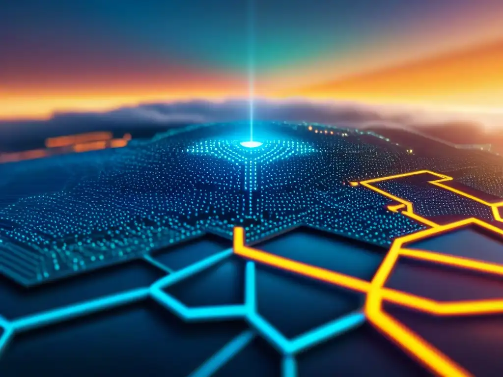 Intrincado mapa digital futurista en tonos sepia con protección de datos en mapas