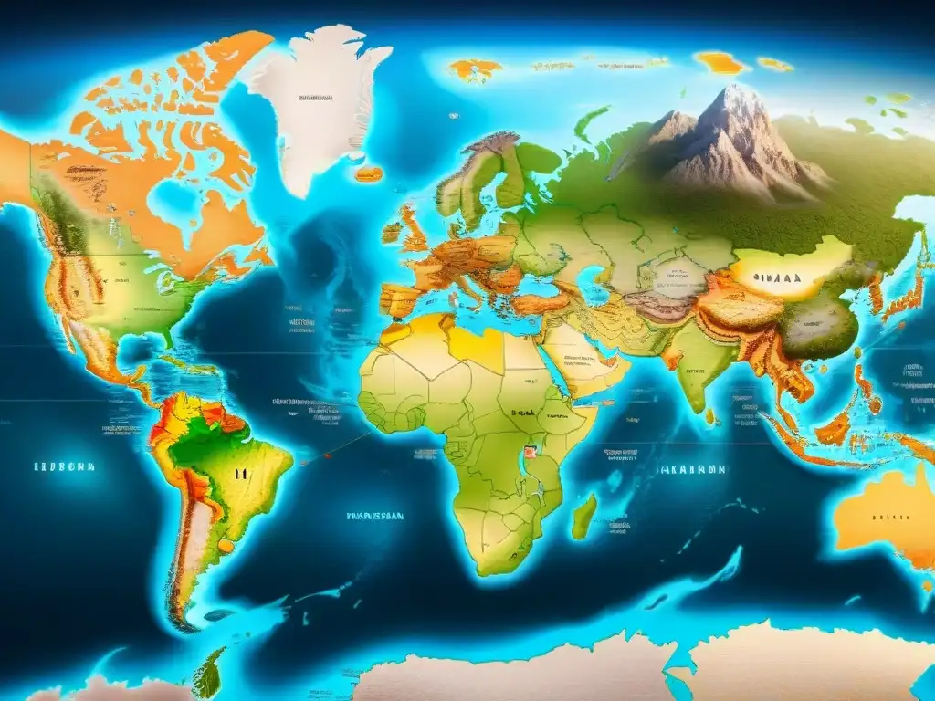 Intrincado mapa mundial en sepia con etiquetas multilingües