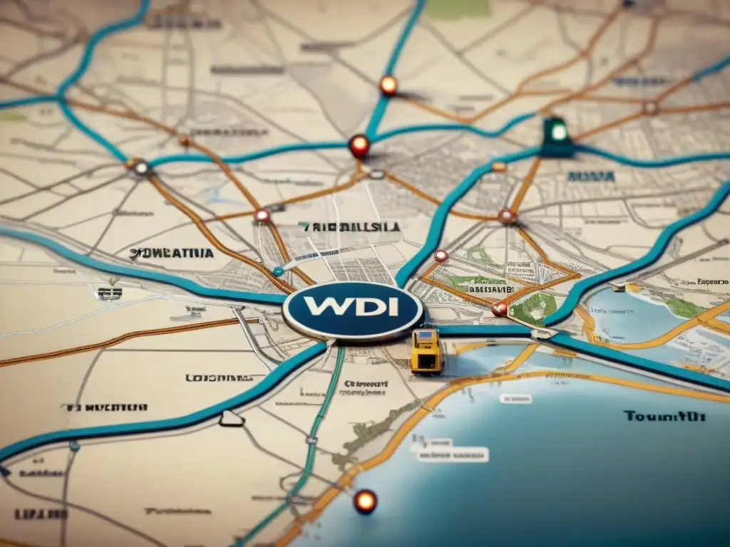 Un intrincado mapa sepia de rutas de transporte y centros logísticos interconectados, transmitiendo eficiencia y sostenibilidad en logística inversa