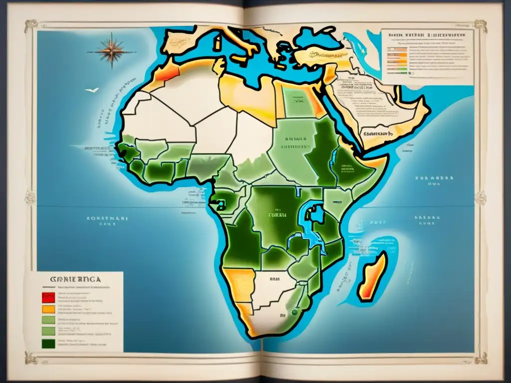 Intrincado mapa sepia del siglo XVIII detallando la red del comercio esclavista en África, Europa y América