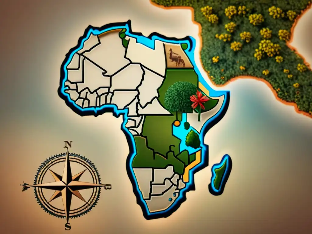 Intrincado mapa vintage de África en sepia, detallado con flora y fauna, evocando la evolución cartográfica e influencia de cartógrafos