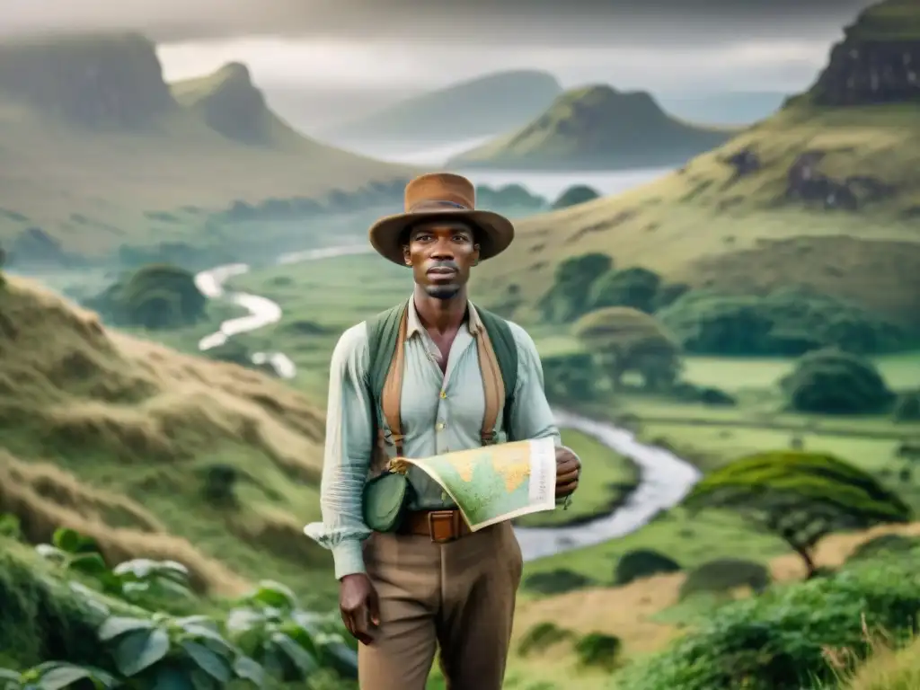 Joven David Livingstone en paisaje escocés, exploración cartográfica en África: historia