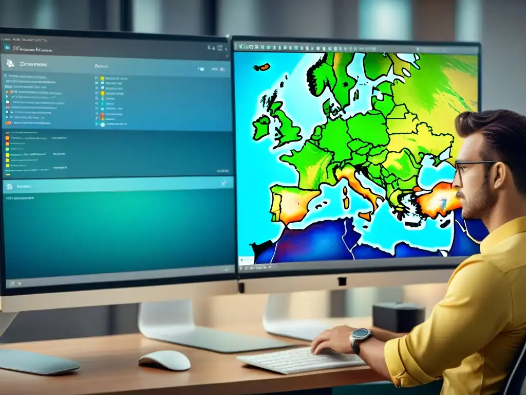 Un joven profesional concentrado analiza datos GIS detallados en su computadora con SuperGIS Desktop abierto