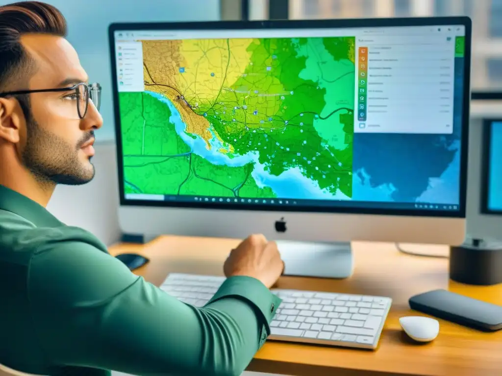 Joven profesional concentrado usando SuperGIS Desktop para análisis geográfico, rodeado de mapas, café y bolígrafos