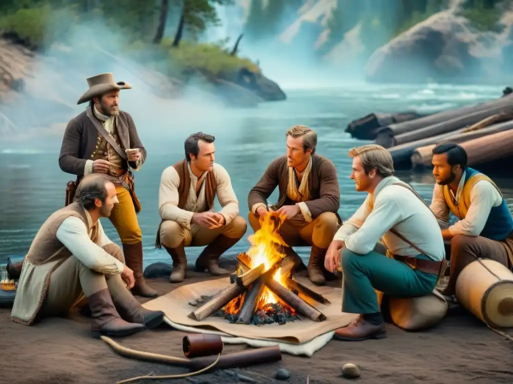 Exploración histórica: Lewis y Clark junto a guías nativos y miembros de la expedición, estudiando mapas alrededor de una fogata en el Oeste Americano