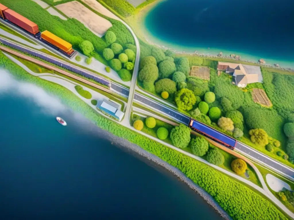 Un laberinto de rutas logísticas conectadas por camiones, trenes y barcos, resaltando prácticas sostenibles