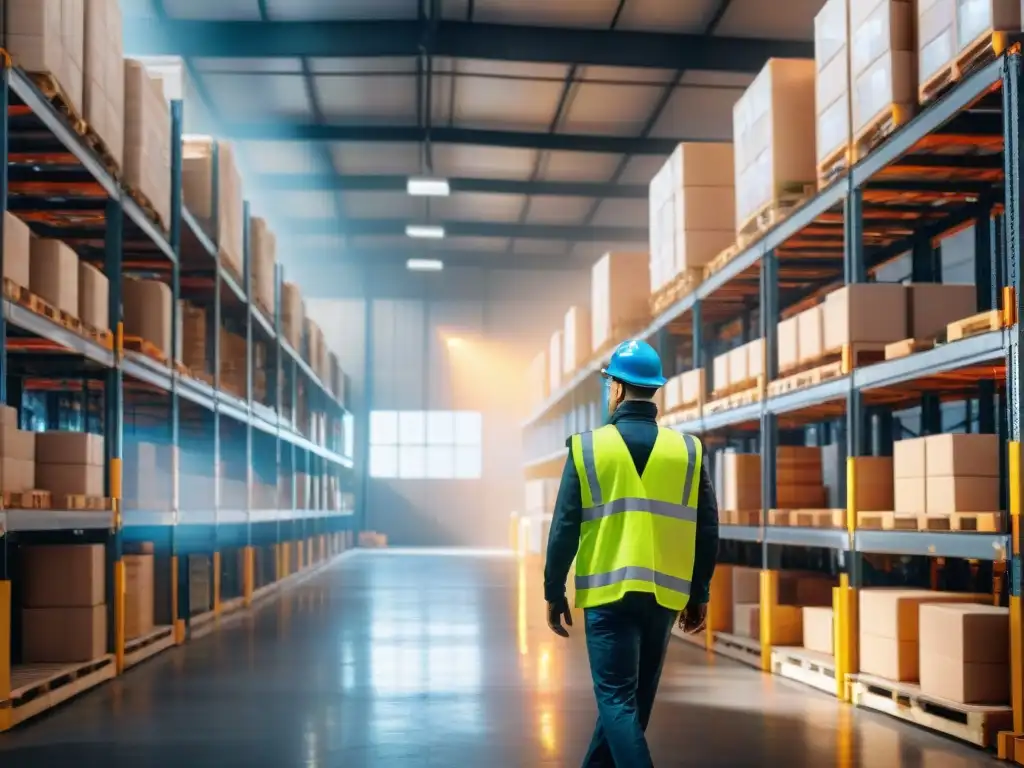 Almacén eficiente: trabajadores organizados moviendo productos Transformación logística a través de mapas: Almacén bullicioso con estanterías llenas y trabajadores moviendo mercancía en carretillas