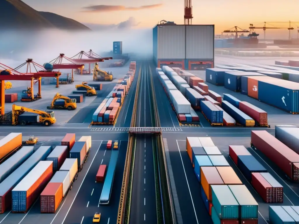 Centro logístico en plena actividad con rastreo en tiempo real Transformación logística a través de mapas: bullicioso centro de distribución con camiones, trabajadores y rutas detalladas en pantalla de computadora