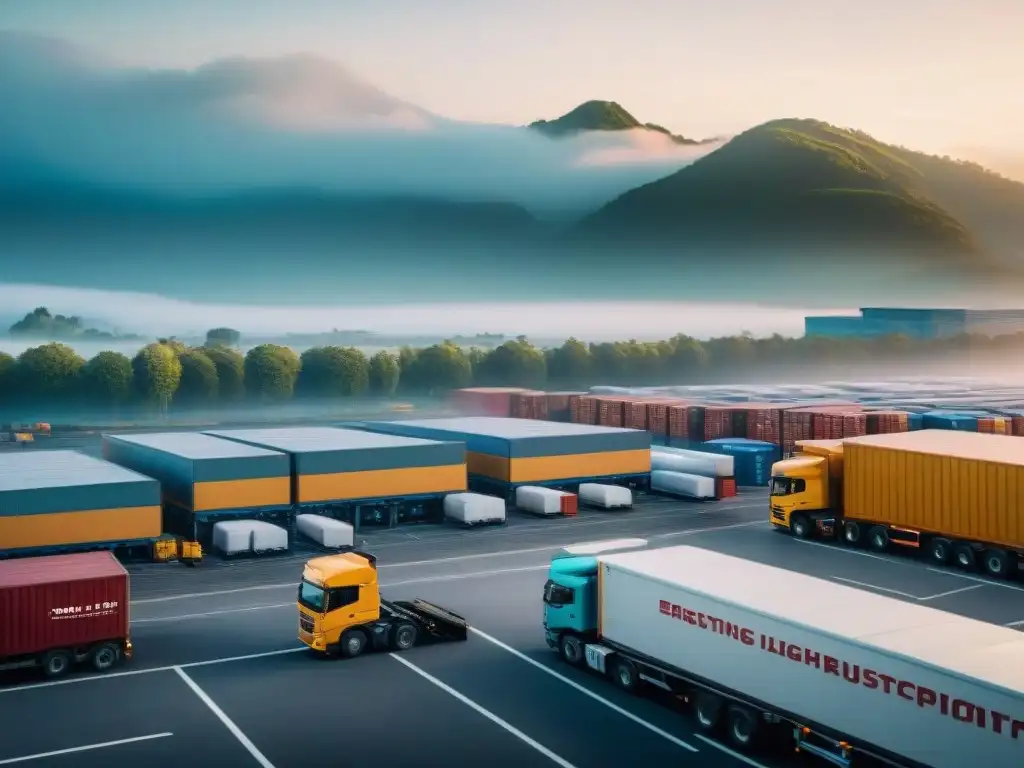 Centro logístico urbano: movimiento constante de carga y transporte Transformación logística a través de mapas: Centro urbano de logística con movimiento frenético de carga y descarga de camiones