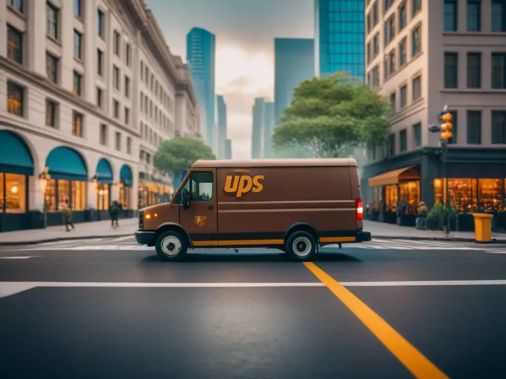 Eficiencia logística: UPS en acción en la ciudad Transformación logística a través de mapas: Camión de UPS en la ciudad, empleados descargando paquetes con eficiencia y trabajo en equipo