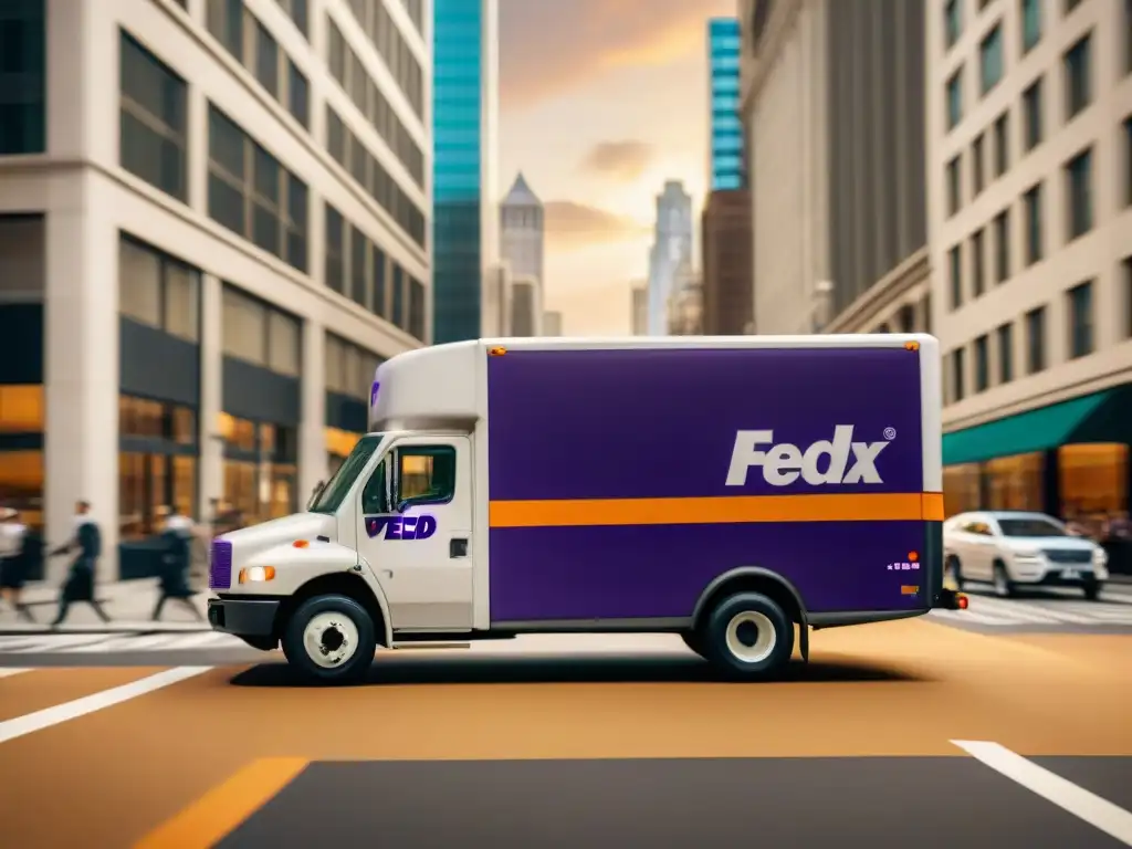 Camión de entrega FedEx en sepia: eficiencia urbana Transformación logística a través de mapas: Imagen sepia de un camión de FedEx en la bulliciosa ciudad