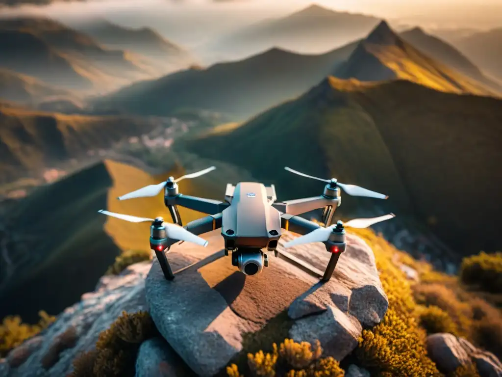 Maestría del mapeo aéreo: drone captura paisaje montañoso al amanecer, fusionando tecnología y naturaleza en una imagen épica