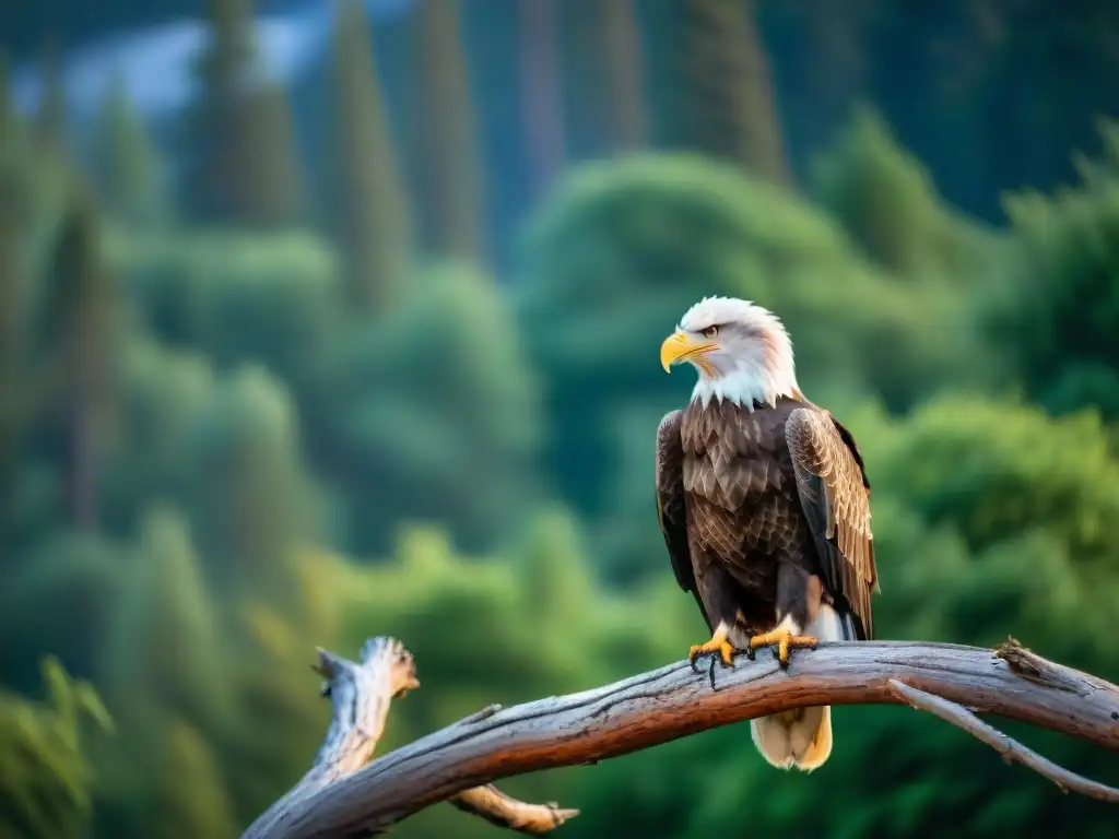 Un águila calva majestuosa en sepia, detallada y con ojos penetrantes, en un bosque exuberante