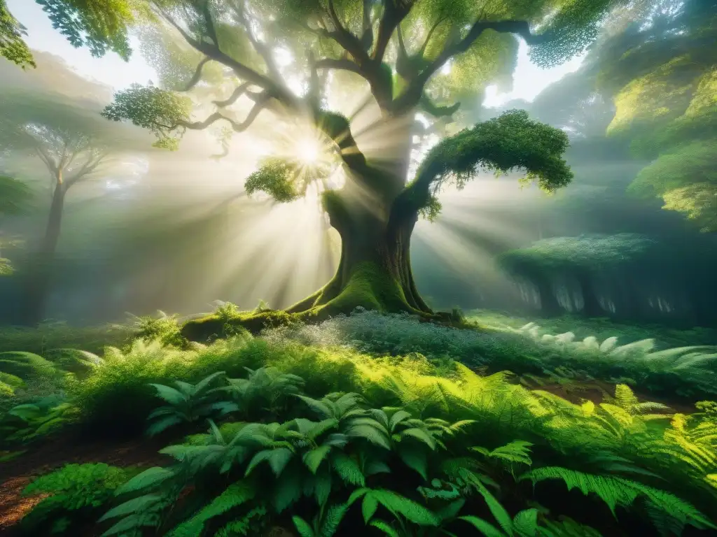 Un majestuoso bosque con luz filtrándose entre las hojas, destacando tonos verdes y sombras detalladas en el suelo